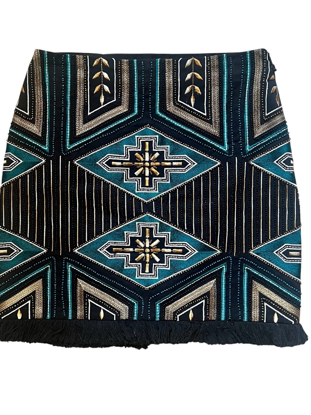 H&M Black Teal Gold Embroidered Geometric Beaded Fringe Mini Skirt Size 2